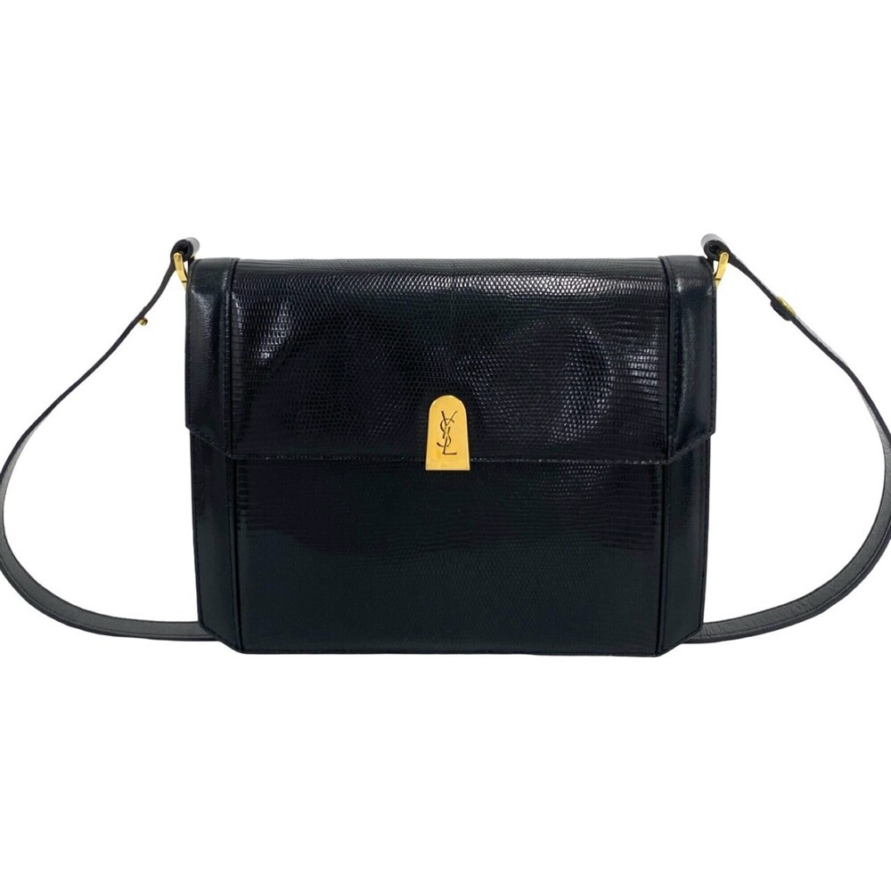 YVES SAINT LAURENT Vintage YSL Logo Hardware Leather Semi-Shoulder Bag Black ...